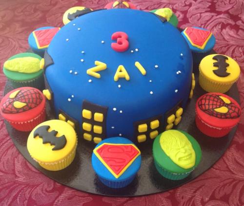 Super Heroes Cake and Cupcakes Children Birthday
