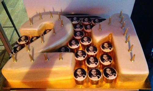 21 Numerals gold painted sides with cupcakes with edible image toppers Adult Birthday