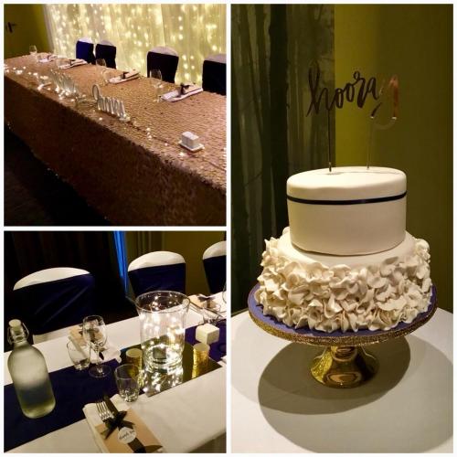 Fondant 2 tier with fondant large ruffles and navy ribbon Wedding Cake.